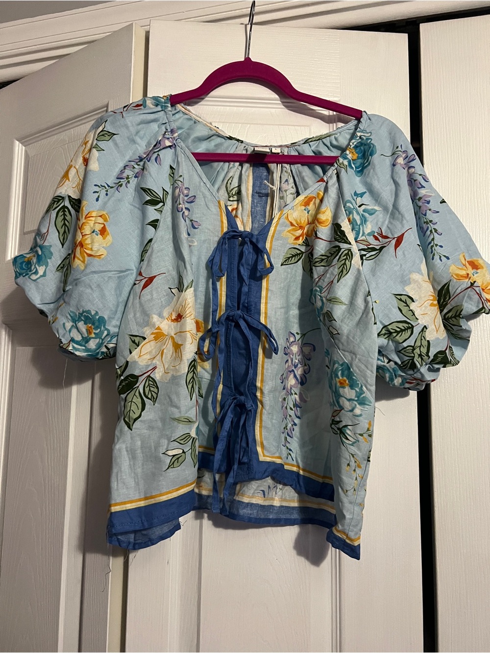 Joie Light Blue Floral Tie-Front Puff Sleeve Blouse